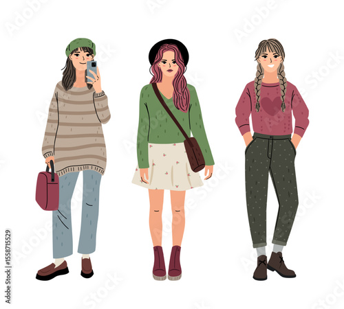 Elegant pretty woman in casual clothes. Fashion female wardrobe vector illustration isolated on white background