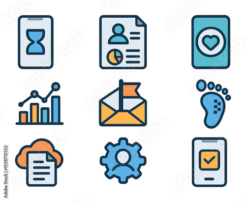 Digital Accountability Icons. Flat icon set of digital accountability: screen time tracker, online behavior