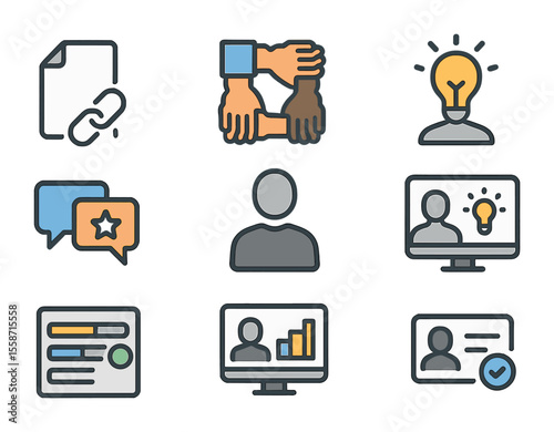 Remote Collaboration Icons. Flat icon set of remote collaboration: shared document, teamwork hands, idea