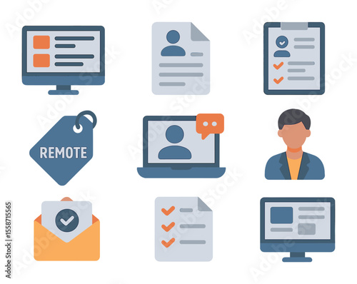 Remote Job Icons. Flat icon set of remote job search: job board icon, resume file, application form, remote