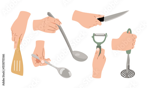 Hands holding kitchen utensils vector collection. Slotted spatula, spoon, knife, ladle, vegetable peeler isolated on white background