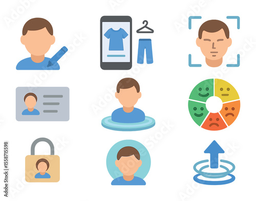 Virtual Identity Icons. Flat icon set of virtual identity and presence: customizable avatar, digital wardrobe,