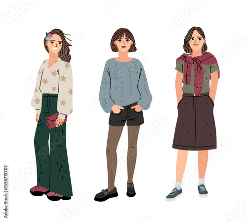 Pretty women in fashion casual clothes. Woman wardrobe vector illustration isolated on white background