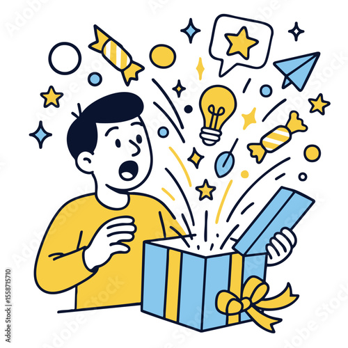 Surprised boy opening gift box with colorful elements bursting out, expressing joy