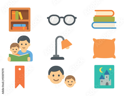 Shared Reading Icons. Flat icon set of shared reading time: bookshelf, reading glasses, book stack, parent and