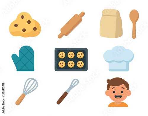 Kids Baking Icons. Flat icon set of baking day with kids: cookie dough, rolling pin, flour bag, mixing spoon,