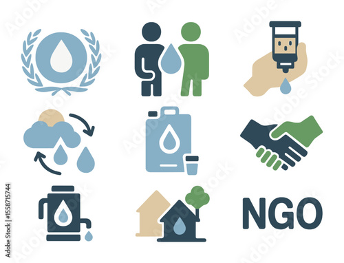 Water Solutions Icons. Flat icon set of global water shortage solutions: UN water goal symbol, international