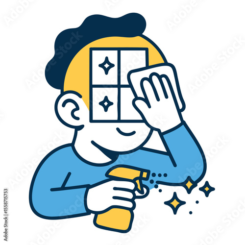 Cleaning window with spray cheerful expression cartoon style bright colors indoor activity