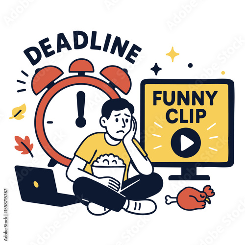 Deadline stress with funny clip distraction, popcorn, and laptop