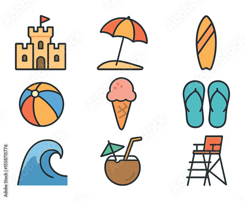 Beachside Summer Icons. Flat icon set of beachside summer events: sandcastle, sun umbrella, surfboard, beach