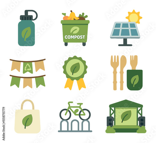 Eco-Friendly Festival Icons. Flat icon set of eco-friendly festivals: reusable water bottle, compost bin,
