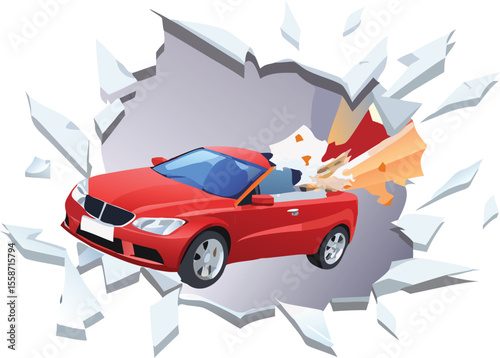 Modern red sports car came out from a broken wall vector art design 