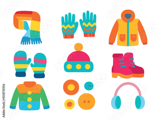 Colorful Winter Fashion Icons. Flat icon set of colorful winter fashion: rainbow scarf, patterned gloves,