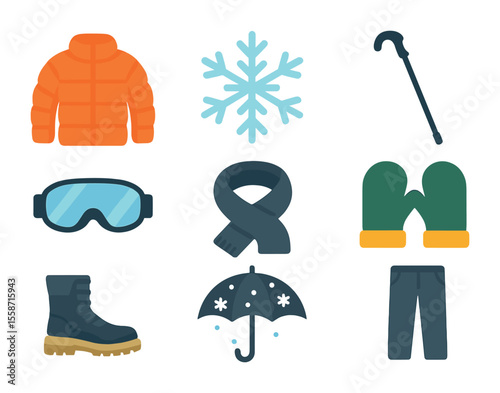 Snowy Urban Gear Icons. Flat icon set of snowy urban walking gear: puffy jacket, snowflake symbol, walking