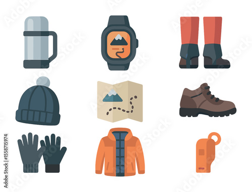 Snow Trail Essentials Icons. Flat icon set of snow trail essentials: insulated flask, GPS watch, snow gaiters,