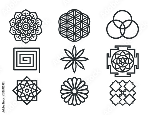 Geometric Icon Grid. Flat icon set of sacred geometric designs: mandala, flower of life, overlapping circles,