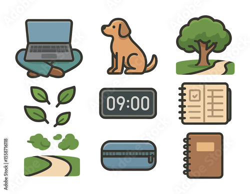 Park Work Icon Set. Flat icon set of peaceful park work setup: laptop on lap, crossed legs, dog sitting nearby