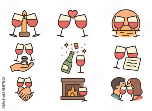 Romantic Glass Icon Set. Flat icon set of romantic glass moments: wine glasses by candlelight, heart toast,