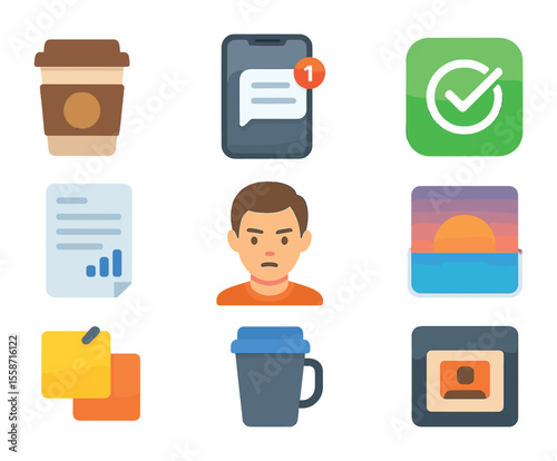 Freelance Lifestyle Icons. Flat icon set of freelance lifestyle details: coffee-to-go, smartphone