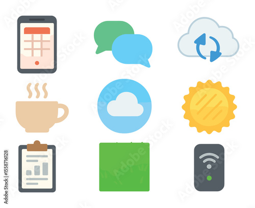 Mobile Work Icons. Flat icon set of mobile work flexibility: open calendar app, chat bubbles, cloud sync