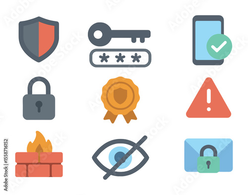 Social Engineering Defense Icons. Flat icon set of social engineering prevention tools: antivirus shield,