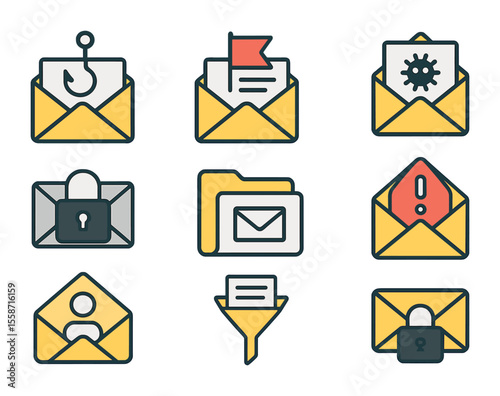 Email Security Icons. Flat icon set of email-based attacks: phishing envelope, email with red flag, virus