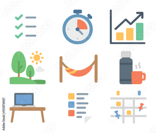 Mobile Work Icons. Flat icon set of independent work on the go: task list, focus timer, goal tracking chart,