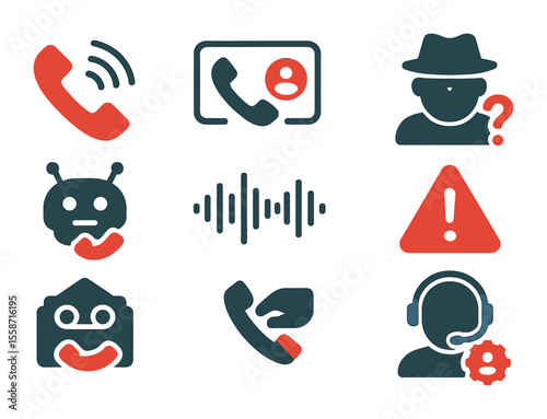 Phone Scam Indicators. Flat icon set of phone scam indicators: ringing phone, caller ID spoof, suspicious
