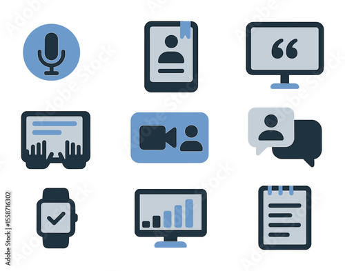 Digital Reflection Icons. Flat icon set of digital reflection methods: voice memo icon, phone diary app,
