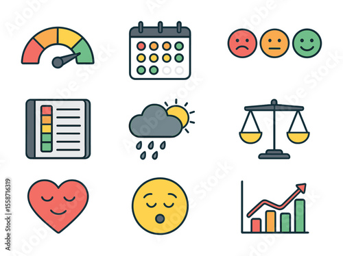 Emotional Well-being Icons. Flat icon set of tracking emotional well-being: emotion meter, mood tracker, emoji