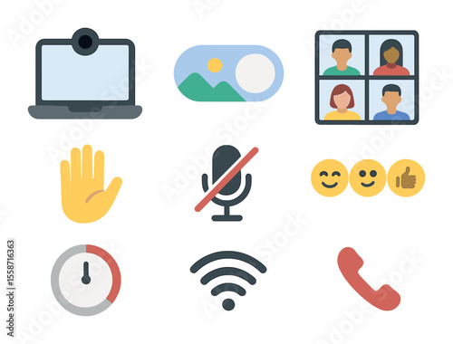 Video Conference Icons. Flat icon set of video conference essentials: laptop camera, virtual background toggle