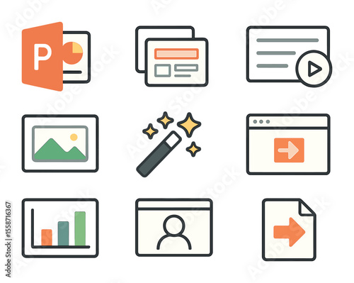 Presentation Software Icons. Flat icon set of presentation software tools: PowerPoint icon, slide master,