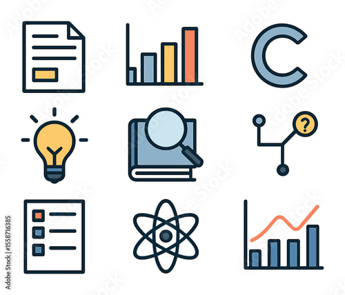 Academic Research Icons. Flat icon set of academic research elements: research paper, bar graph, citation