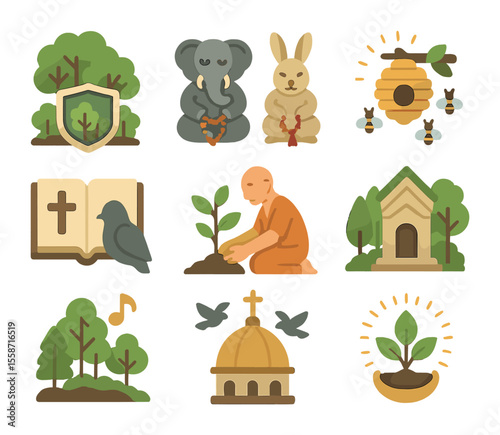 Spiritual Nature Icons. Flat icon set of religion and biodiversity care: protected sacred grove, animals with