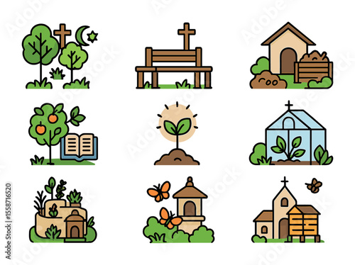 Faith Garden Icons. Flat icon set of faith gardens and groves: interfaith arboretum, prayer bench in garden,