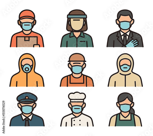 Essential Workers PPE Icons. Flat icon set of PPE for essential workers: delivery driver in mask, grocery