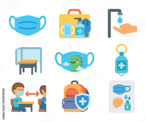 Children's PPE Icons. Flat icon set of PPE for children and students: kids’ face mask, school PPE kit,