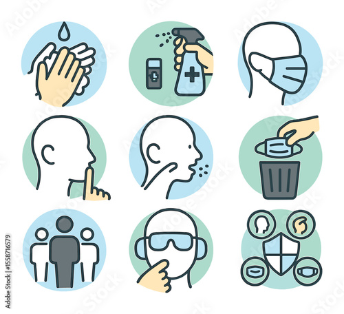 PPE Hygiene Icons. Flat icon set of PPE-related hygiene reminders: wash hands icon, sanitize frequently, wear