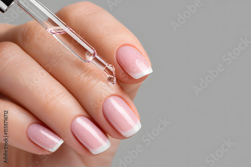 Hands with light pink nail polish applying serum using a dropper for skincare routine