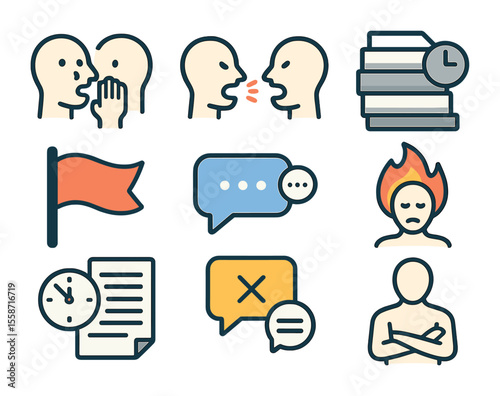Toxic Work Icons. Flat icon set of toxic work environment indicators: gossip icon, raised voices, overwork