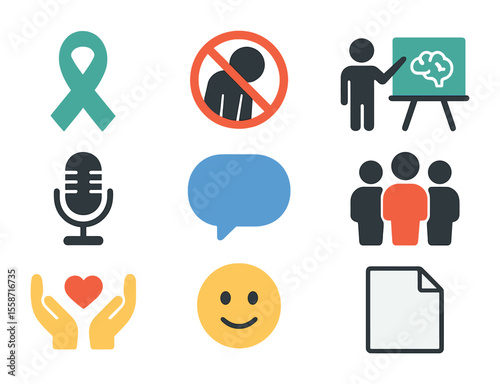 Mental Health Awareness Icons. Flat icon set of destigmatizing mental illness at work: awareness ribbon, no