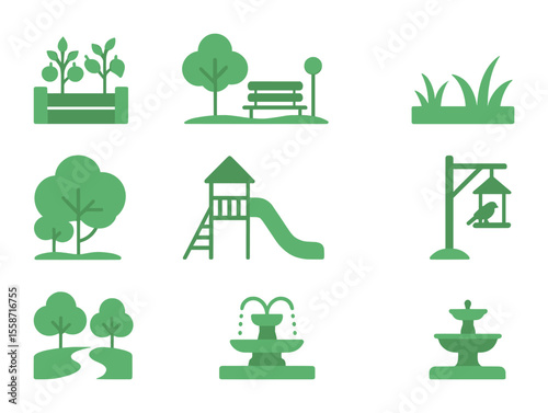 Green Space Icons. Flat icon set of green public spaces: community garden, public park, lawn area, flower bed,