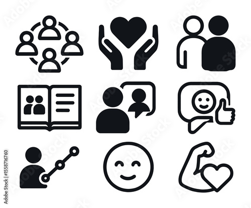 Workplace Peer Support Icons. Flat icon set of workplace peer support: team circle, heart hands, buddy icon,