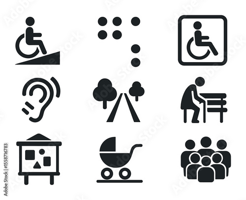 Inclusive City Icons. Flat icon set of inclusive city planning: wheelchair ramp, braille sign, accessible