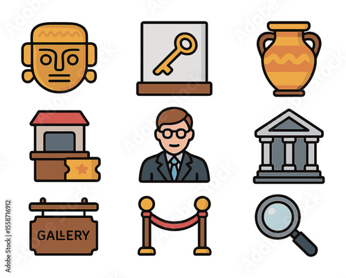 Museum Icons Grid. Flat icon set of museum collections: artifact icon, display case, ancient vase, ticket