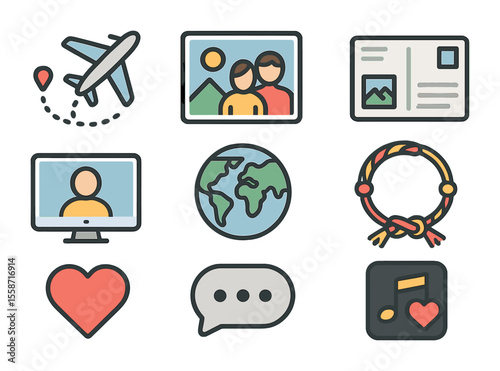 Long-Distance Friendship Icons. Flat icon set of long-distance friendships: airplane route, digital photo,