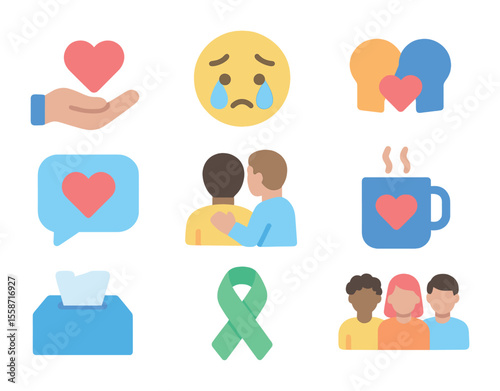 Emotional Support Icons. Flat icon set of emotional support among friends: heart in hand, crying face, empathy