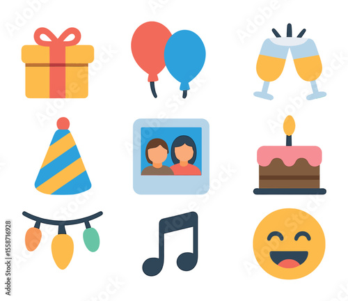 Celebration Icon Set. Flat icon set of friendship celebrations: gift box, balloons, clinking glasses,