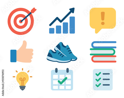 Motivational Goal Icons. Flat icon set of friends supporting goals: target icon, progress chart, motivational