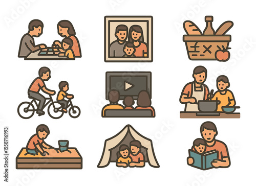 Family Bonding Icons. Flat icon set of family bonding activities: board game, family photo, picnic basket,